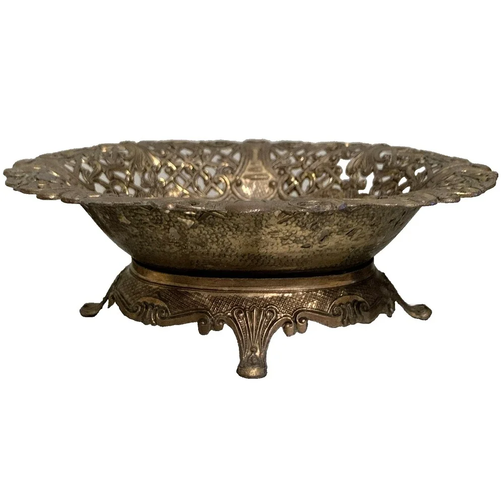 Brass Patina Ornate Reticulated Oval 2pc Basket Base Potmetal Italy CT7 Vtg 60s